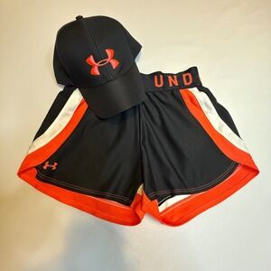 Under Armour Black Orange Athletic Shorts & Baseball Cap Set Women XS HeatGear #